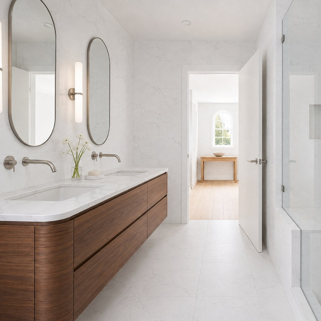 Bathroom scene with pale veined surfaces, a timber vanity and oval mirrors