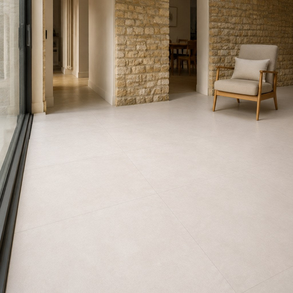 Urban Pearl Concrete-Look Tile as a floor running through a garden room. Reference installation photographed by our supplier.