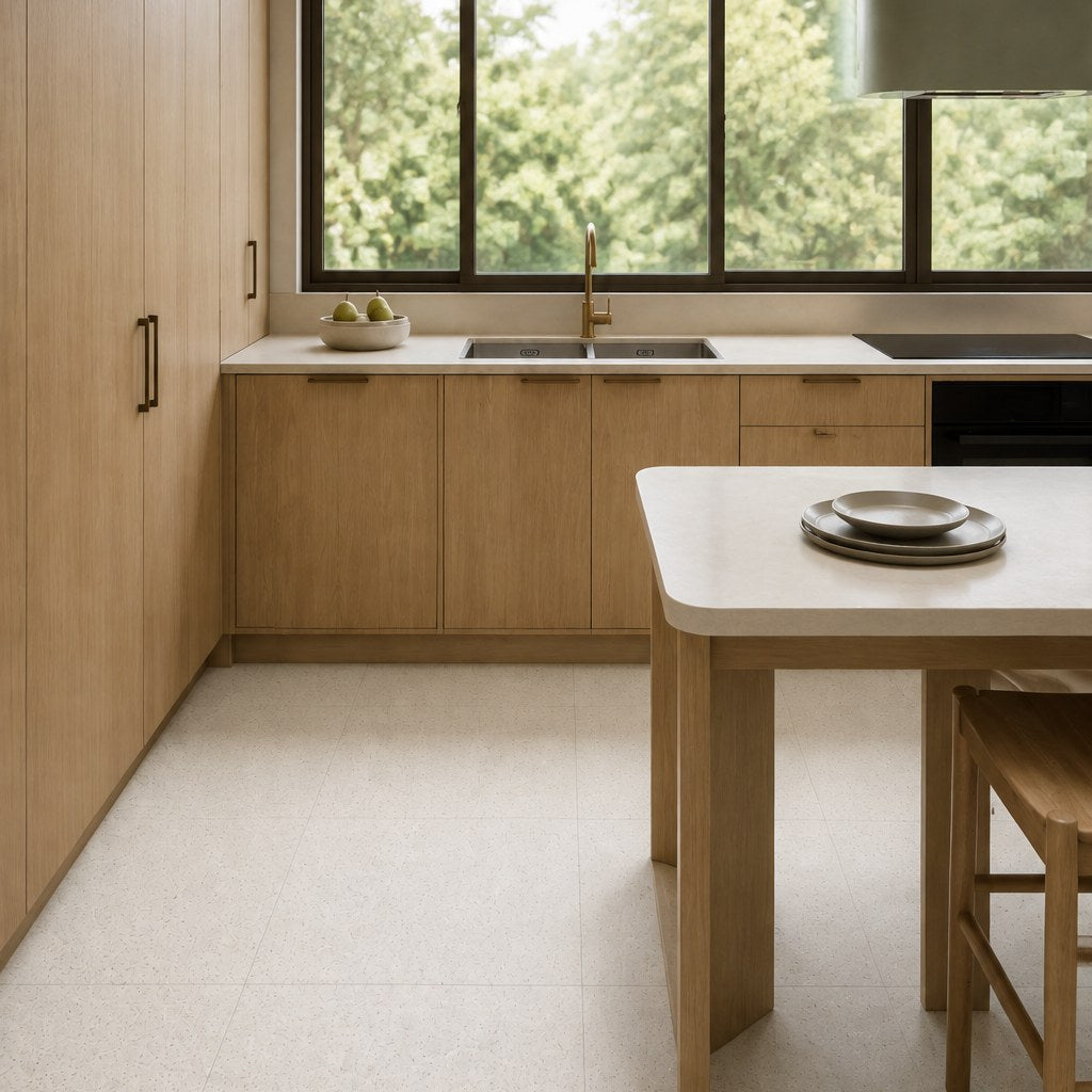 Haven Fine White Terrazzo-Look Tile as a kitchen floor. Reference installation photographed by our supplier.