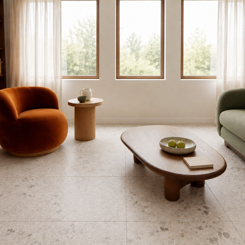 Haven White Terrazzo-Look Tile as a living room floor. Reference installation photographed by our supplier.