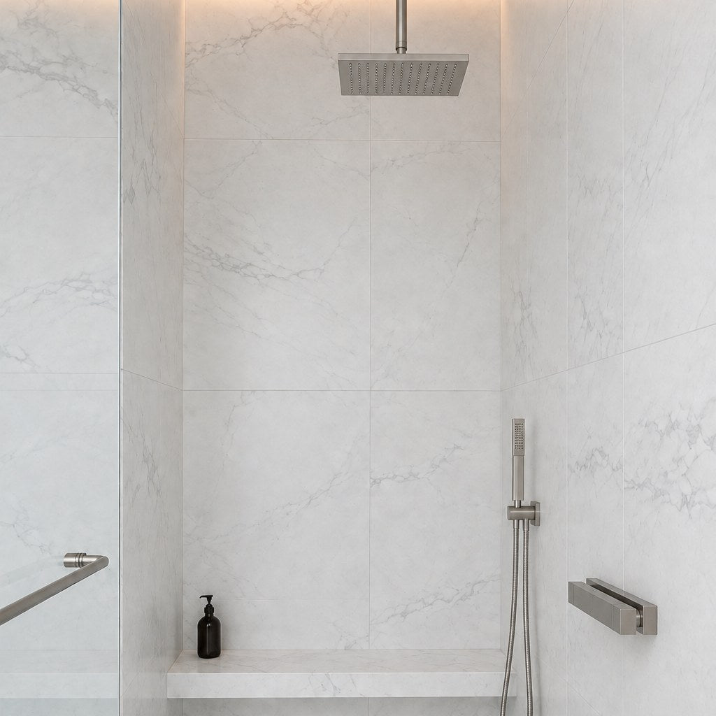 Pietra Luna Marble-Look Tile in a walk-in shower, walls and floor. Reference installation photographed by our supplier.