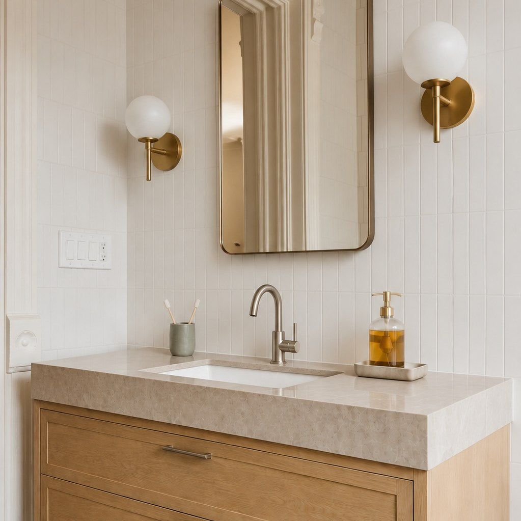 Studio Flat Subway Tile on a bathroom vanity wall, vertical stack layout. Reference installation photographed by our supplier.