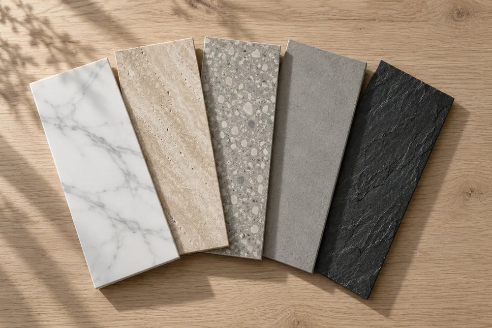 Five rectangular tiles fanned out on a pale oak table in soft side light: a white marble look, a beige travertine look, a grey terrazzo, a grey concrete look and a dark rough slate look.