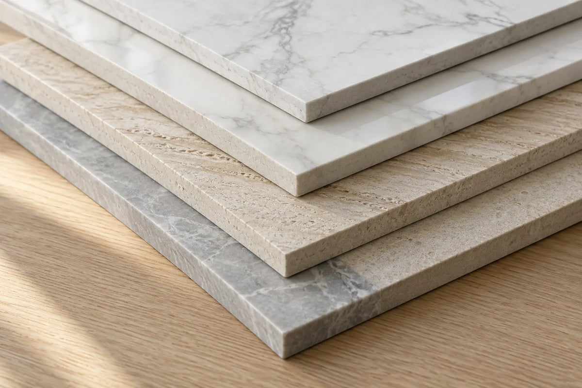 Corners of five large tile samples stacked on a pale oak table in soft side light: two white marble looks, a travertine look with a linear grain, a cream textured stone look and a pale grey marble look.