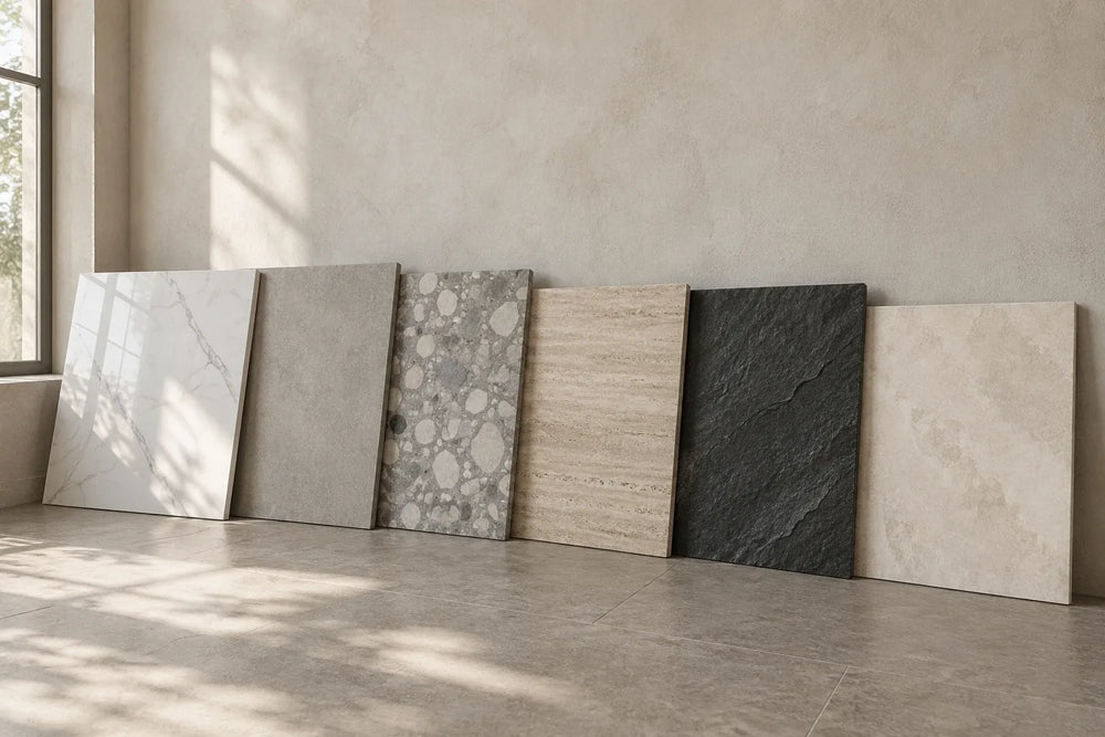 Six large tiles leaning against a plaster wall in window light: a polished white marble look, a grey concrete look, a grey terrazzo with large chips, a vein-cut travertine look, a dark rough slate look and a cream stone look.