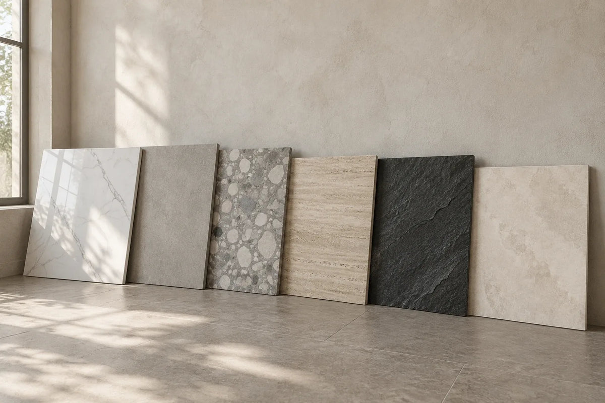 Six large tiles leaning against a plaster wall in window light: a polished white marble look, a grey concrete look, a grey terrazzo with large chips, a vein-cut travertine look, a dark rough slate look and a cream stone look.