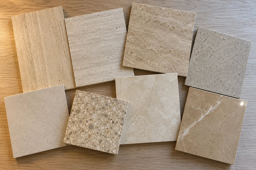 Eight beige tile samples on an oak table: two vein-cut travertine looks, a cream travertine, a speckled concrete look, a pale plain face, a terrazzo with round chips, a soft cream stone look and a tan polished marble with one diagonal vein.