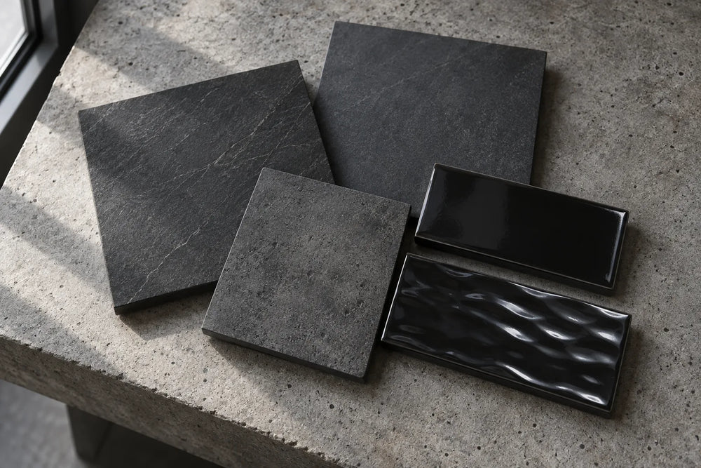 Five dark tile samples on a raw concrete bench by a window: two large charcoal squares with a faint stone grain, a smaller graphite square, a glossy black subway tile and a glossy black subway tile with a rippled face.
