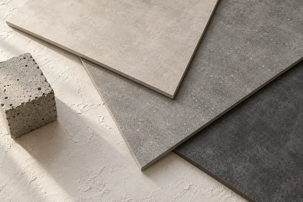 Corners of three concrete-look tiles, pale beige, ash grey and graphite, fanned on rough plaster beside a small cast block of real concrete