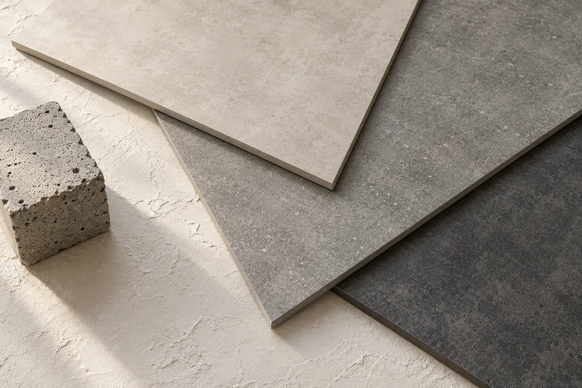 Corners of three concrete-look tiles, pale beige, ash grey and graphite, fanned on rough plaster beside a small cast block of real concrete