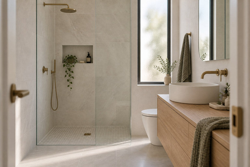 A small ensuite from the doorway: pale large-format tiles on the shower walls, a light mosaic on the shower floor, a timber vanity with a round basin and brass tapware.