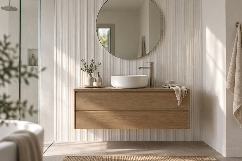 A bathroom vanity wall of vertical white fluted tiles in side light, the adjoining walls plain off-white, a wall-hung timber vanity with a round basin, brushed tap and round mirror.