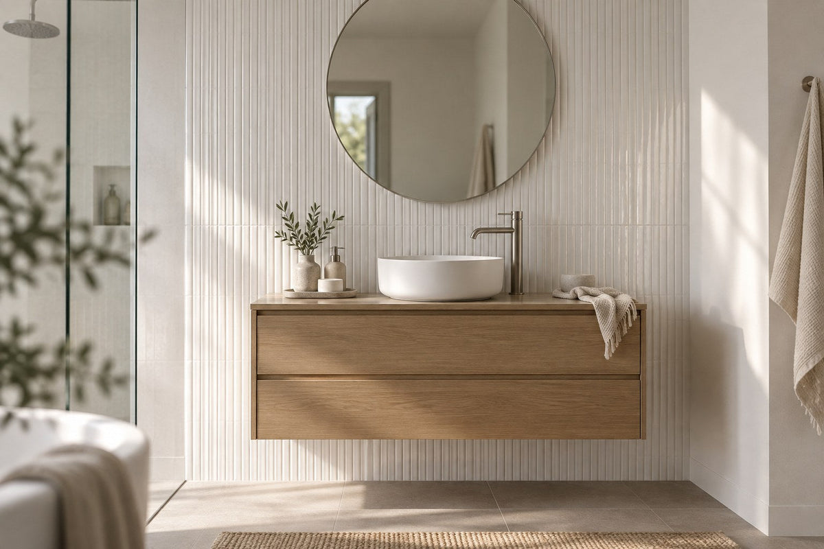 A bathroom vanity wall of vertical white fluted tiles in side light, the adjoining walls plain off-white, a wall-hung timber vanity with a round basin, brushed tap and round mirror.