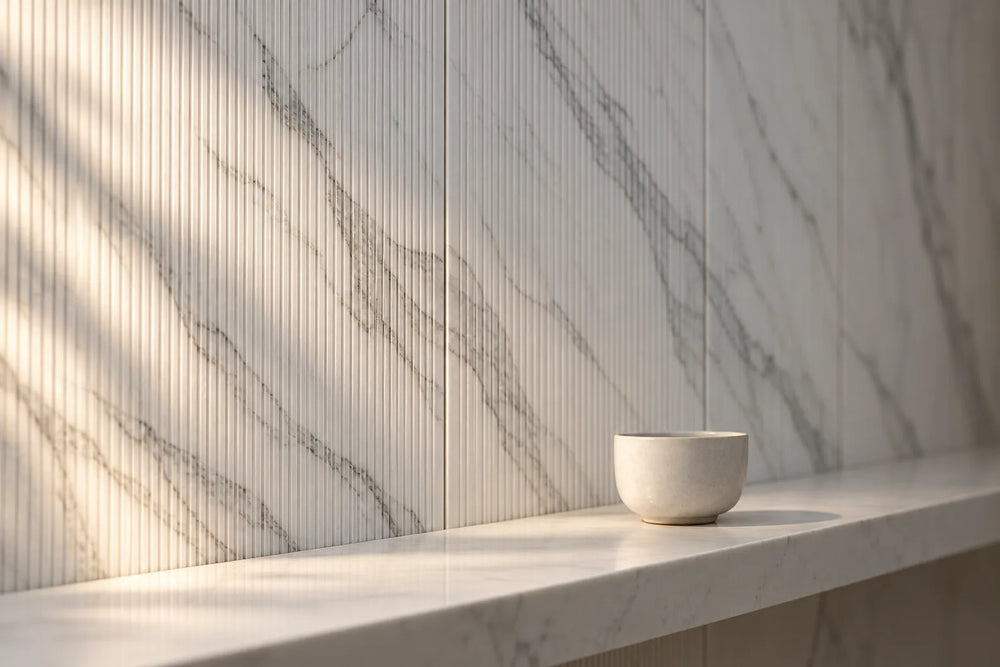 Close view of white marble-look wall tiles with fine vertical fluting in low side light, above a white stone shelf holding a small white cup