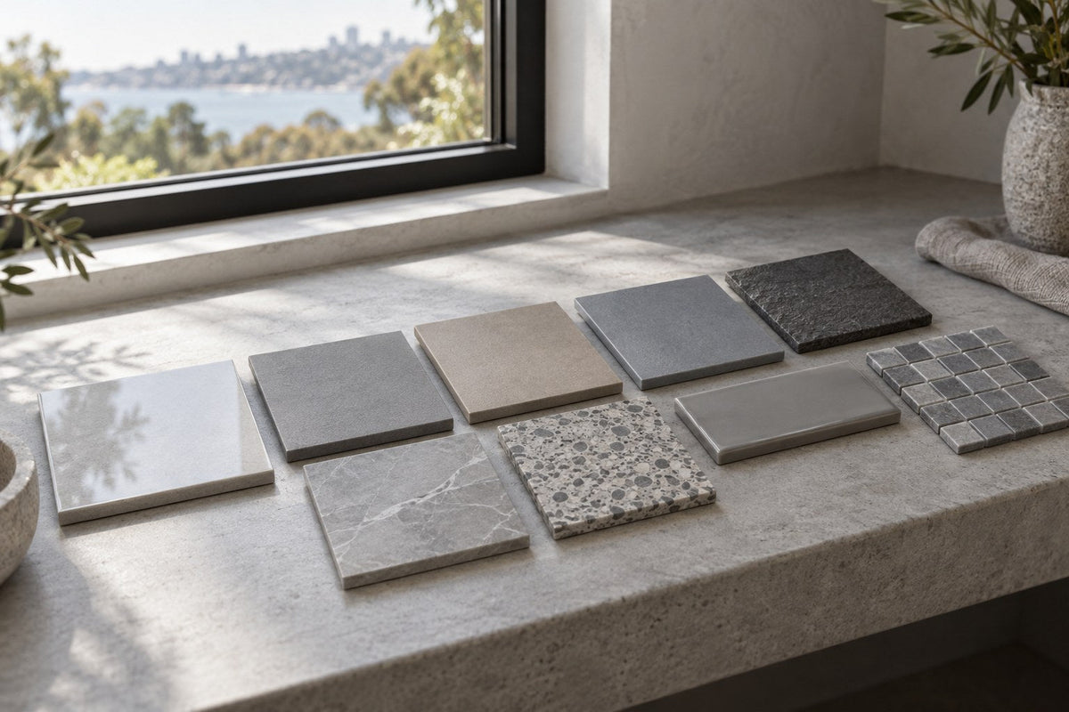 Nine grey tile samples in a row on a pale stone bench under a window: polished, matt, greige, blue-grey, charcoal, a veined grey, a terrazzo-look grey, a subway piece and a mosaic corner.