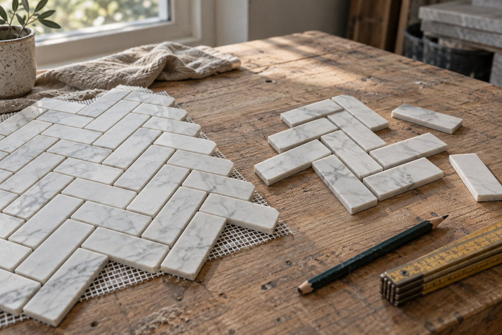A mesh-backed white herringbone mosaic sheet on a timber bench beside loose white rectangular pieces laid by hand into a partial herringbone, with a pencil and folding rule in window light.