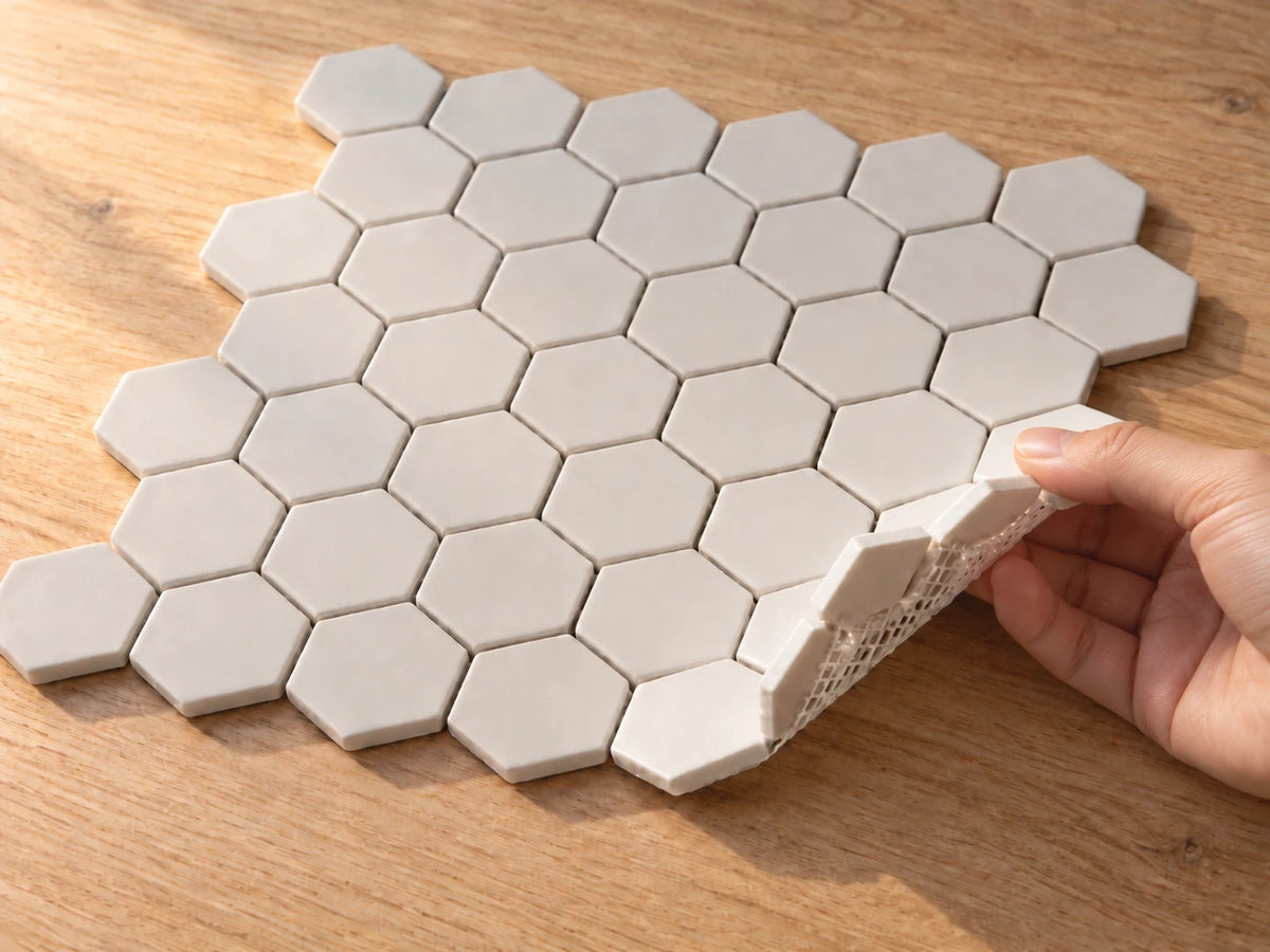 A mesh-mounted matt white hexagon mosaic sheet on a warm timber bench, one corner lifted by hand so the hexagonal chips and the mesh behind them both read clearly.