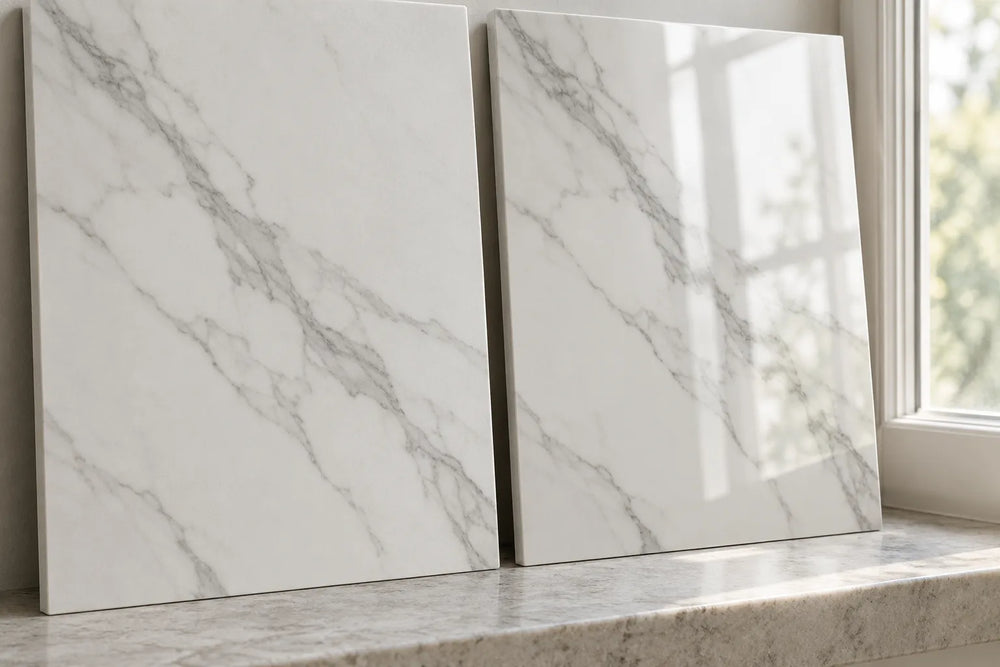Two marble-look tile pieces of one veined white look, upright side by side: the left with a soft low-sheen face, the right showing a window as a bright reflection