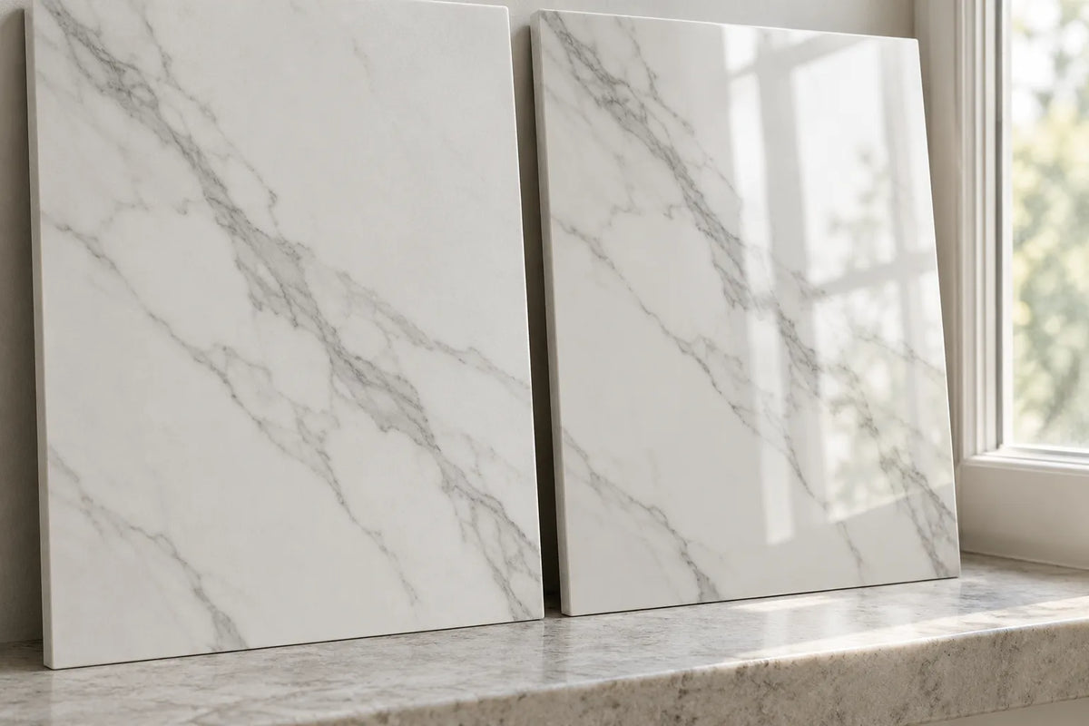 Two marble-look tile pieces of one veined white look, upright side by side: the left with a soft low-sheen face, the right showing a window as a bright reflection