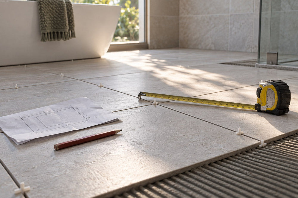 A partly laid bathroom floor of large pale tiles set out with spacers, a steel tape measure extended across two tiles, a pencil and a paper sketch of a rectangle lying on the tiles in low afternoon light.