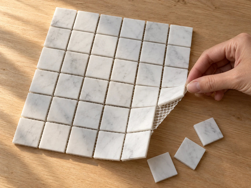A mesh-mounted white marble mosaic sheet of square chips on a timber bench, one corner lifted by hand to show the mesh backing, with three loose individual chips beside it at the same scale.