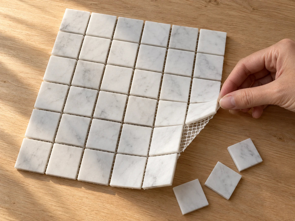 A mesh-mounted white marble mosaic sheet of square chips on a timber bench, one corner lifted by hand to show the mesh backing, with three loose individual chips beside it at the same scale.