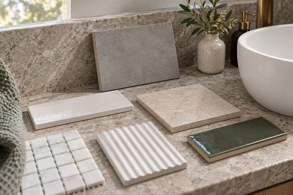 Six tile samples on a stone vanity top beside a basin: glossy white and dark green subway pieces, a matte grey piece, a beige stone-look square, a fluted white piece and a corner of white mosaic.