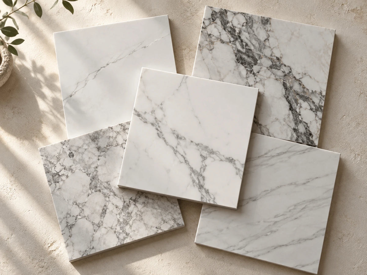 Five white marble-look tile sample pieces overlapping on a warm off-white plaster surface, their grey veining ranging from fine and sparse to bold and dramatic, in low raking morning light.