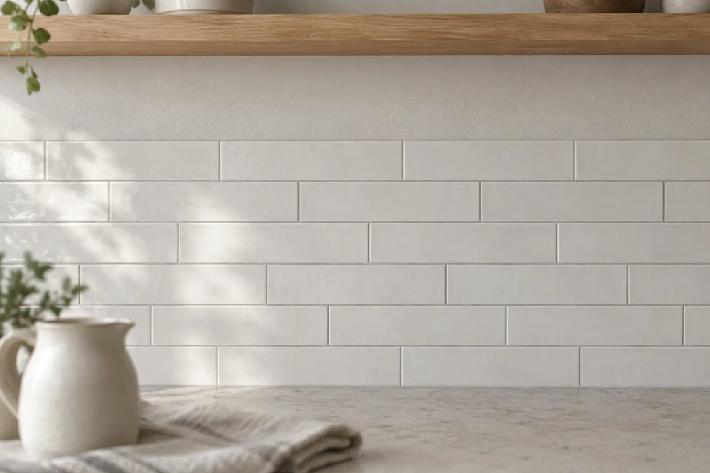 Slim white rectangular wall tiles in offset courses run from a pale stone benchtop up to a level stop line, with smooth plaster above and an oak shelf.