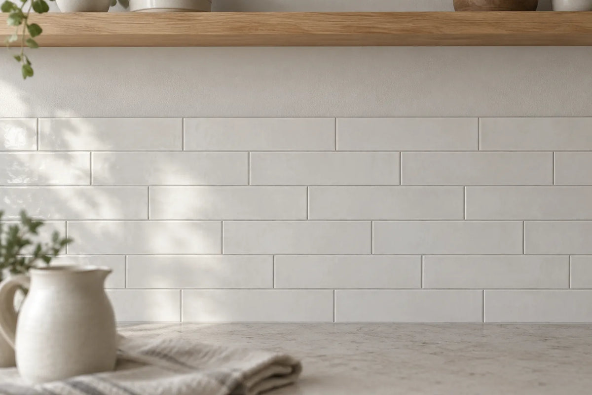 Slim white rectangular wall tiles in offset courses run from a pale stone benchtop up to a level stop line, with smooth plaster above and an oak shelf.