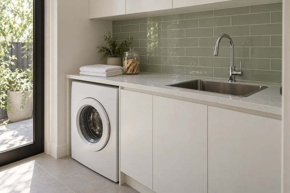 Laundry with pale sage gloss subway tiles in brick bond behind a stainless tub on a white stone-look bench, a front-loading washer under the bench and pale grey floor tiles
