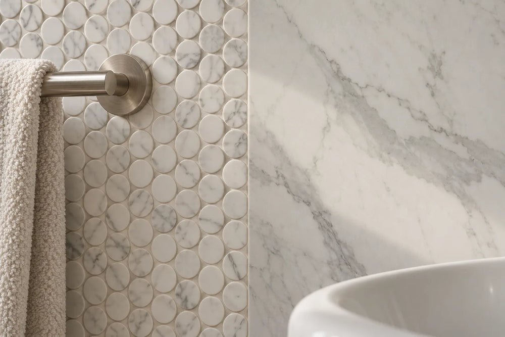 A band of small white marble rounds beside a large grey-veined marble-look wall tile, with a brushed nickel towel bar and the edge of a white basin.