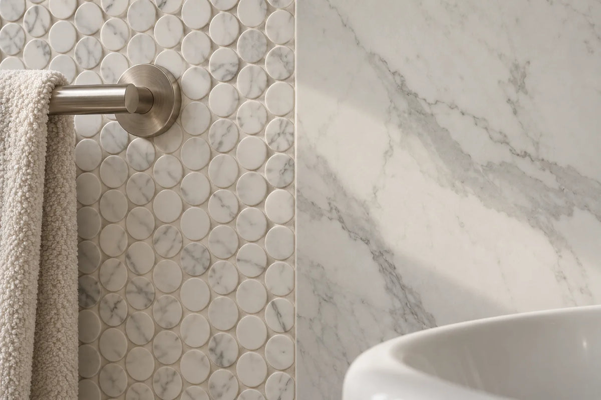 A band of small white marble rounds beside a large grey-veined marble-look wall tile, with a brushed nickel towel bar and the edge of a white basin.