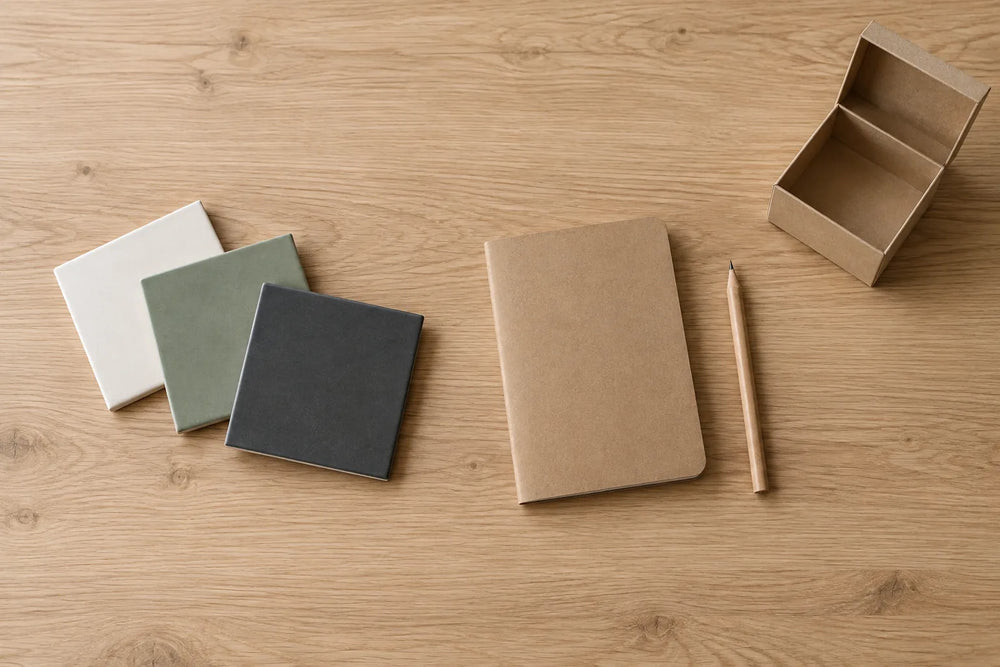 Three tile samples in white, sage green and charcoal on an oak table, beside a kraft notebook, a pencil and an empty open box.