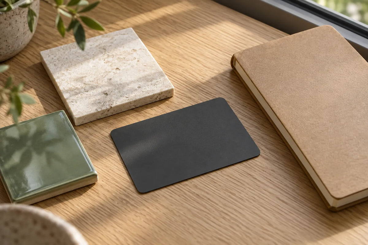 Two tile samples, a warm white stone look and a glossy sage green, on an oak desk beside an unmarked charcoal card and a kraft notebook.