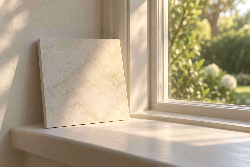 A warm white stone-look tile sample propped on a white windowsill, half in late sun and half in shade, with a garden through the glass.