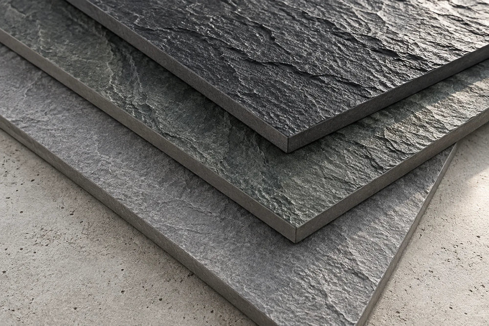 Corners of three slate-look tiles with a rough cleft face in charcoal, dark green-grey and mid grey, stacked on a concrete bench.