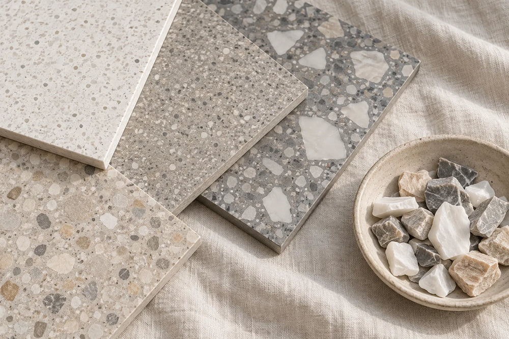 Corners of four terrazzo-look tiles fanned on linen, from a fine white speckle to a grey ground with large pale chips, beside a dish of loose marble chips