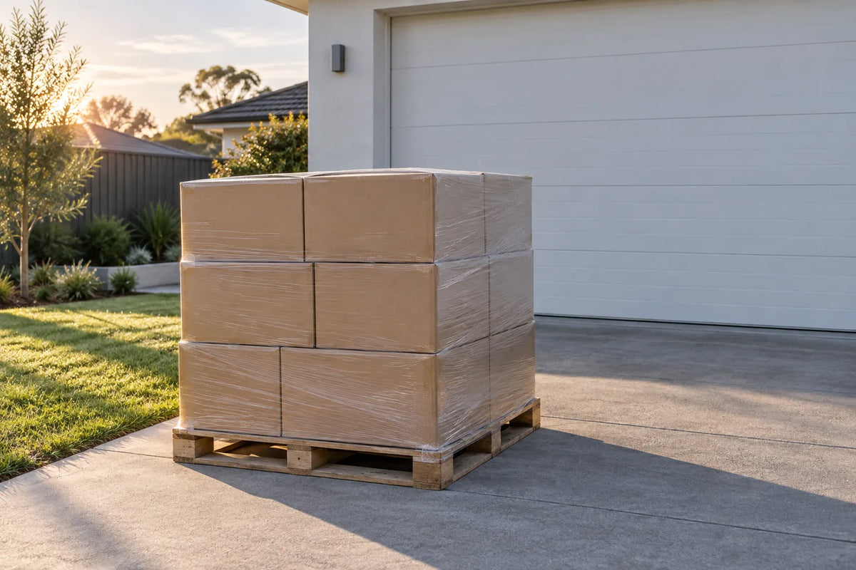 A shrink-wrapped pallet of unmarked cardboard boxes on a concrete driveway in front of a white garage door.