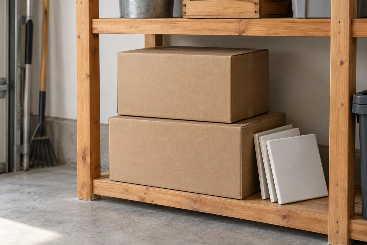 Two unopened cardboard boxes on a garage shelf, with three spare white tiles leaning beside them.