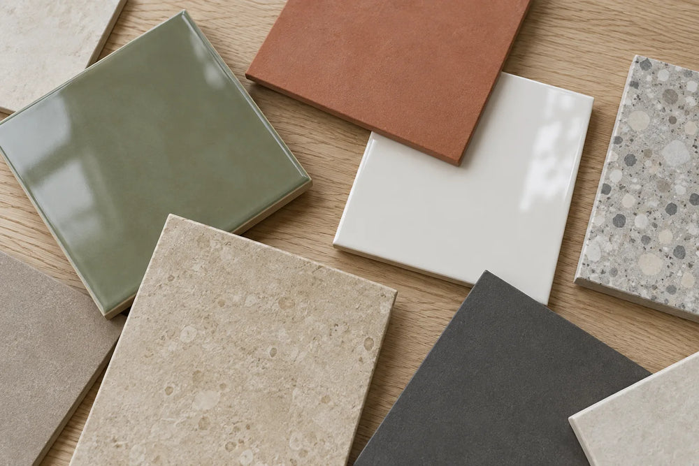 Loose tile samples on an oak table: sage green gloss, terracotta, white gloss, beige stone look, charcoal and grey terrazzo look.