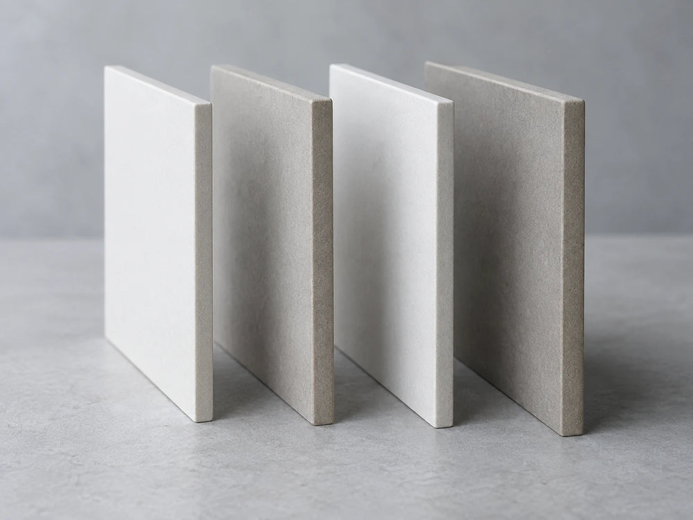 Four unglazed tile sample pieces standing on edge in a row on a pale grey surface, seen from a low angle so the narrow edges face the camera and the small difference in thickness between them shows.