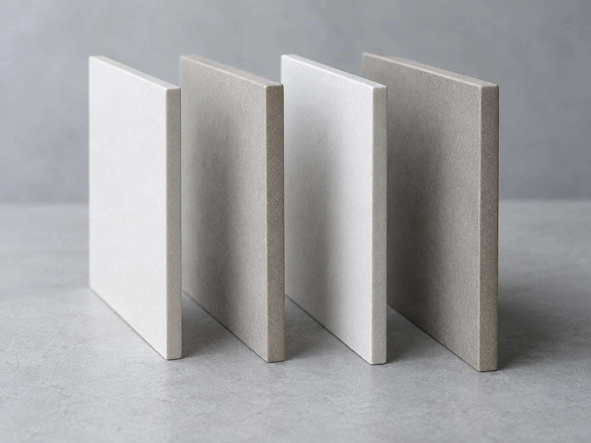 Four unglazed tile sample pieces standing on edge in a row on a pale grey surface, seen from a low angle so the narrow edges face the camera and the small difference in thickness between them shows.