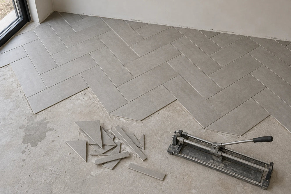 A floor part-laid in a herringbone of grey 300 × 600 mm tiles, with cut offcuts and a tile cutter beside the wall