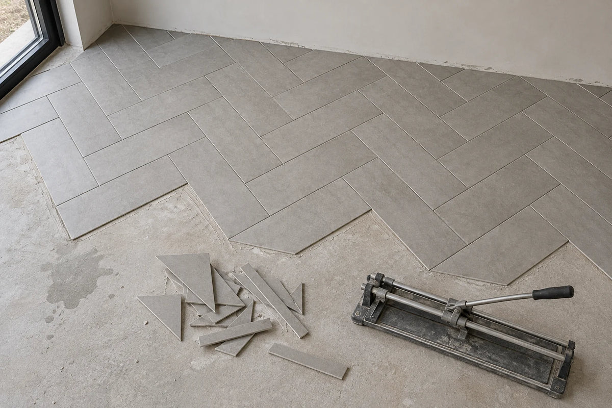A floor part-laid in a herringbone of grey 300 × 600 mm tiles, with cut offcuts and a tile cutter beside the wall