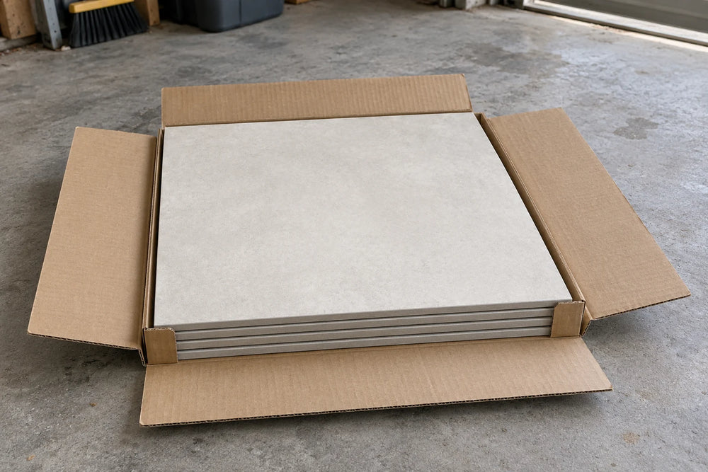 An open flat carton on a garage floor holding four stacked 600 × 600 mm light grey tiles