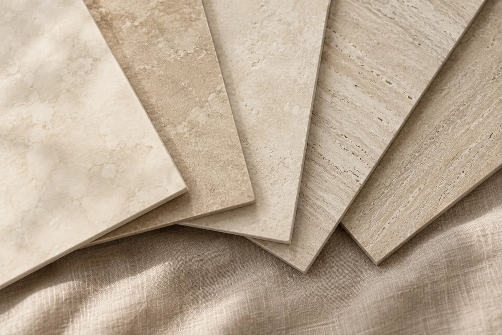 Corners of five matt travertine-look tiles fanned on linen, three with soft cloudy movement and two with a linear vein-cut pattern.