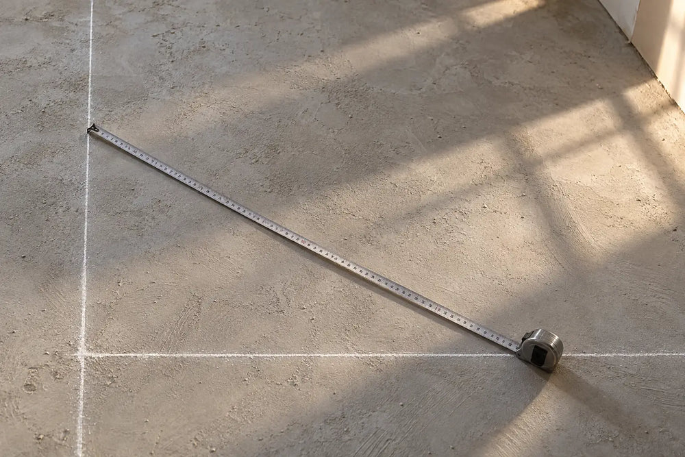 A steel tape measure extended diagonally across a bare cement screed floor, its hook set on one of two chalk lines that meet at a right angle.
