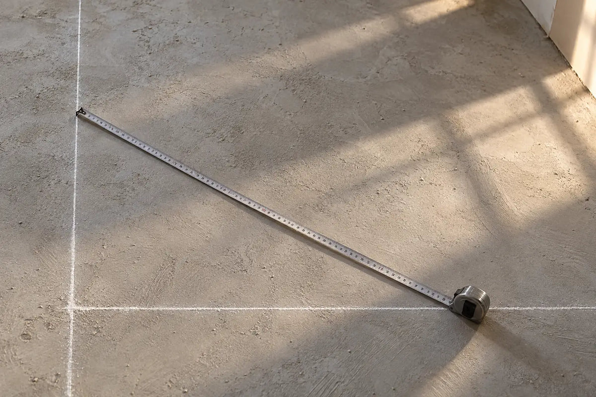 A steel tape measure extended diagonally across a bare cement screed floor, its hook set on one of two chalk lines that meet at a right angle.