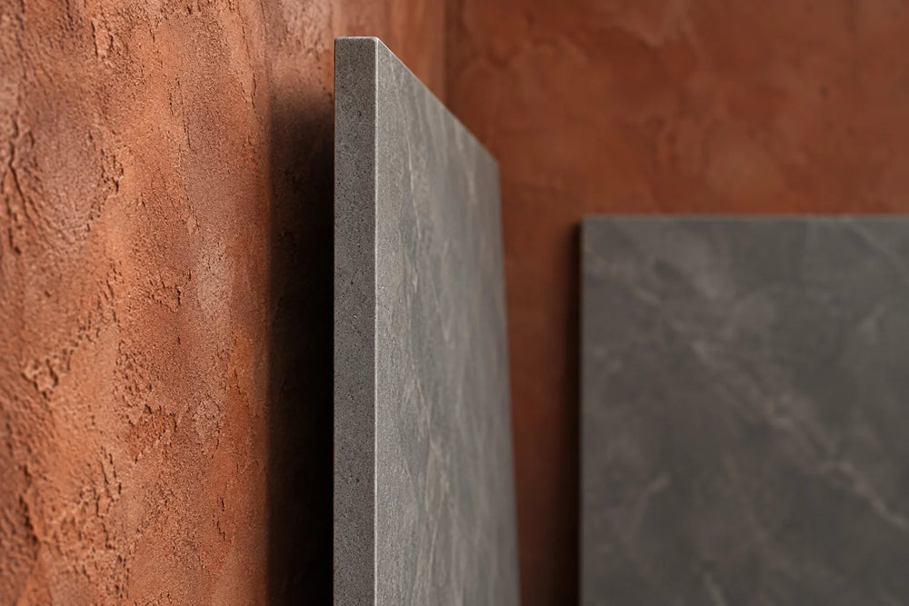 A square tile seen almost edge-on against a terracotta plaster wall, its body thickness visible along the edge.